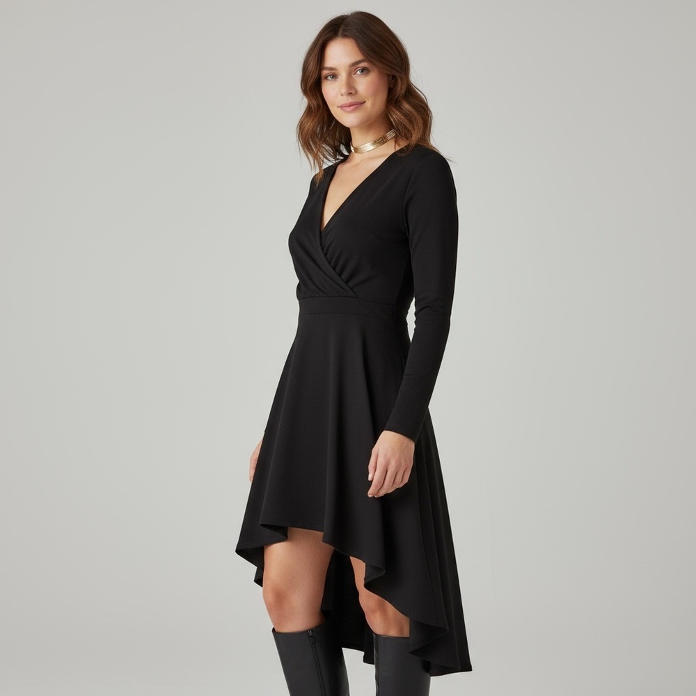 Women's Black Long-Sleeve Asymmetric Wrap Dress